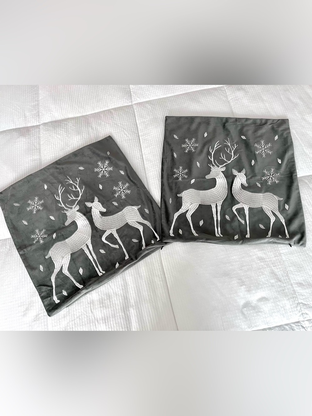 New Set of Reindeer Embroidered Pillow Covers 17”- Dark Gray & White